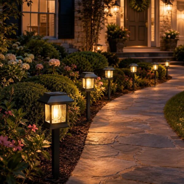 RNKR 12 Pack Solar Pathway Lights, 3000K Warm White LED Landscape Lights, IP44 Waterproof Auto On/Off for Walkway, Yard, Patio, Driveway, Lawn, Path
