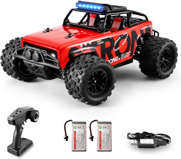 TOYCAR-1813-RED-HM RNKR Remote Control Car, 4WD RC Car, 1/18 Scale, 2.4 GHz, 40 km/h, Waterproof Off-Road Monster RC Truck with 2 Batteries 60 Minutes Running Time, Red