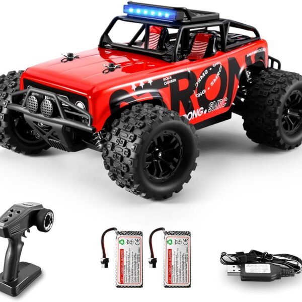 RNKR Remote Control Car, 4WD RC Car, 1/18 Scale, 2.4 GHz, 40 km/h, Waterproof Off-Road Monster RC Truck with 2 Batteries 60 Minutes Running Time, Red