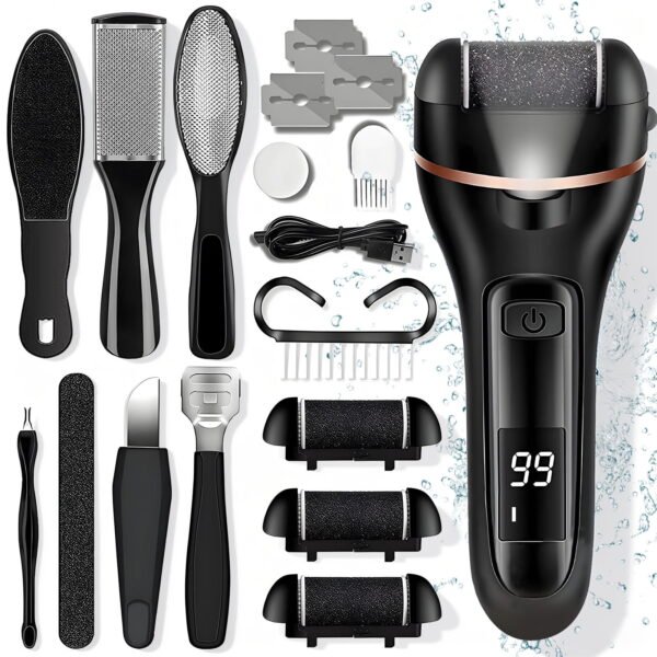 RNKR Electric Callus Remover Kit – 18-in-1 Rechargeable Pedicure Tool Set with 3 Roller Heads for Removing Cracked Heels, Dry Skin, and Calluses – Professional Foot File for Smooth Soft Feet