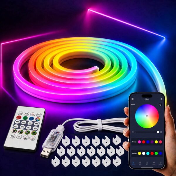 RNKR 10M Smart RGB Neon LED Strip Light,App Remote Control, Music Sync Rope Light 16M Colors, Flexible Neon Light for Bedroom, Party, Gaming Room