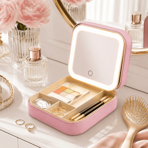 RNKR Portable Jewelry Case With LED Lighted Makeup Glasses Jewelry Storage Box With LED Mirror Essential Organizers