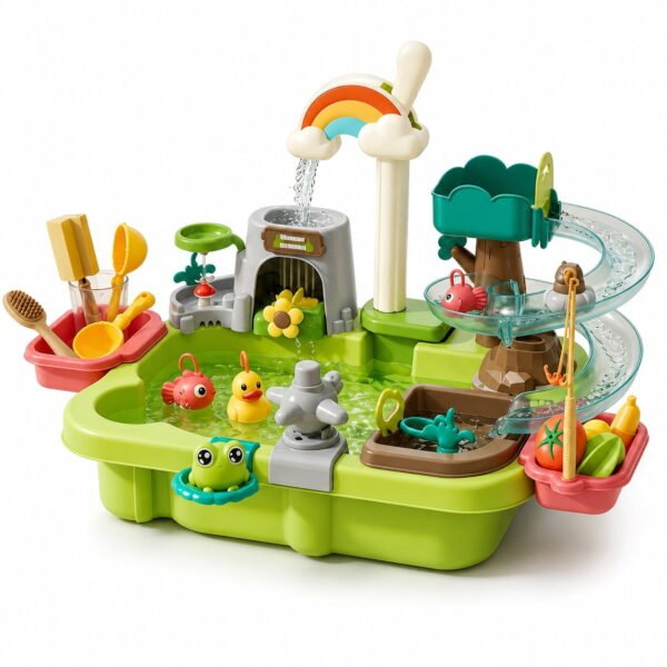 RNKR Kids Water Table Play Set, Outdoor Water Sensory Toy with Waterfall Track, Fishing Game, Rotating Waterwheel, Sand Play Accessories, for Toddlers Ages 3-8