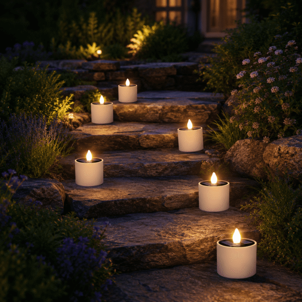 RNKR 6 Pack Solar Tea Lights, Outdoor Waterproof Flickering LED Candles, Warm White Flame Lights for Garden, Patio, Wedding, Party, Lawn & Camping Decoration