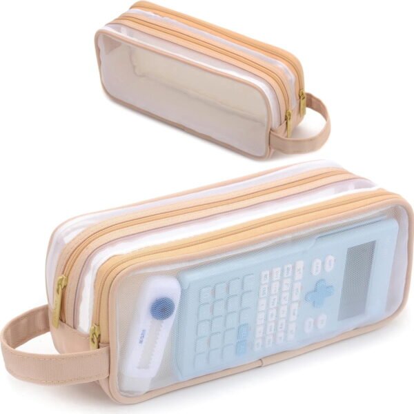RNKR Mesh Pencil Pouch Clear Large Capacity Pencil Case with Zipper, Aesthetic Pen Bag Organizer for School, College & Office, Soft Belge