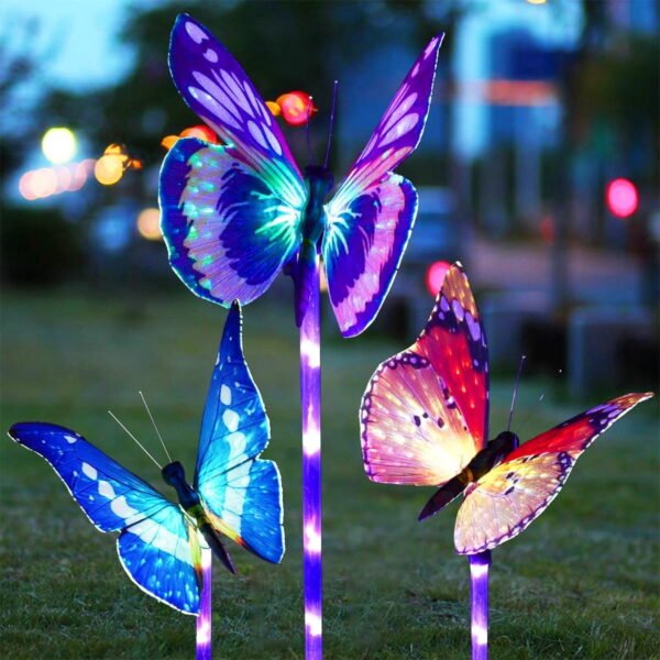 TiokMc 3-Pack Garden Solar Lights Outdoor, RGB Color-Changing LED Fiber Optic Butterfly Stake Lights, Waterproof Solar Powered Decorative Lighting for Patio, Lawn, Pathway