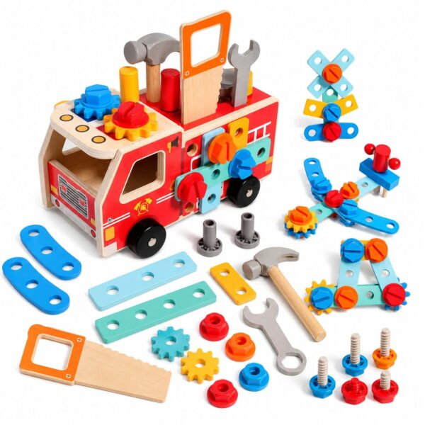RNKR Wooden Tool Truck Toy Set for Toddlers, 32PCS Montessori STEM Construction Toy with Fire Truck, Building Tools