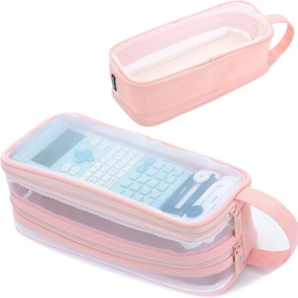 RNKR Large Capacity Pencil Case for Girls, Double Layer Mesh Pencil Pouch with Handle, Zipper for School Office Supplies, Pink