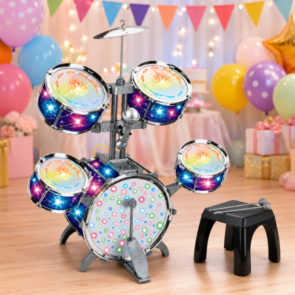 RNKR Kids Drum Set for, with Cymbals, Adjustable Stool, LED Light Up Musical Instrument Toy, LED Light Up Musical Instrument Toy, for Boys & Girls Ages 3+