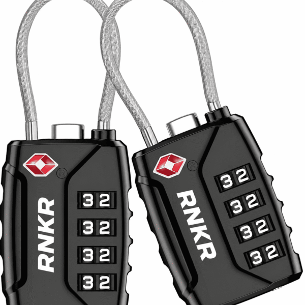 RNKR 2 Pack TSA Approved Luggage Lock – 4 Digit Combination with Flexible Steel Cable for Suitcase, Backpack, Gym Locker, Travel Security (Black)