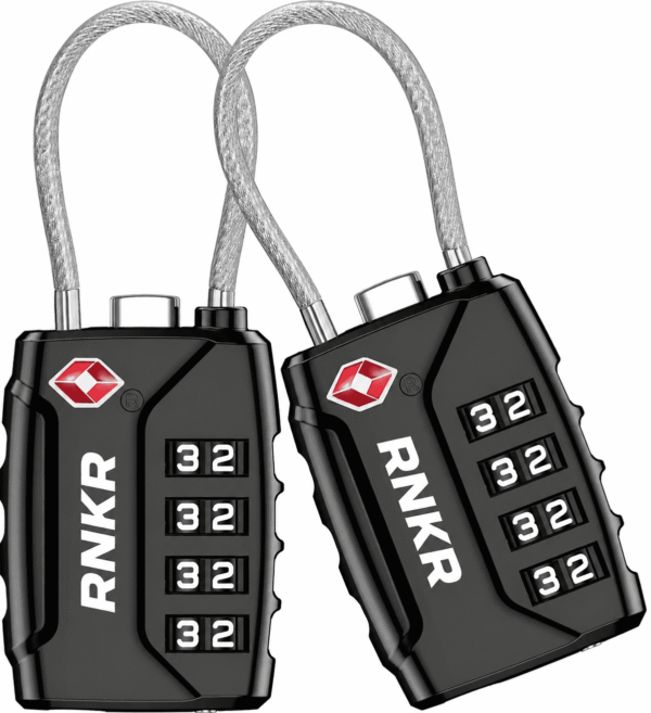 RNKR 2 Pack TSA Approved Luggage Lock – 4 Digit Combination with Flexible Steel Cable for Suitcase, Backpack, Gym Locker, Travel Security (Black)