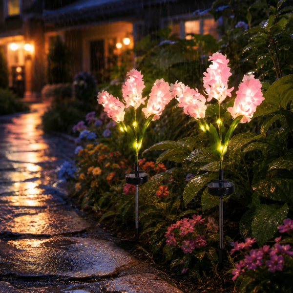 RNKR 2 Pack Pink Solar Hyacinth Flower Stake Lights, Warm White LEDs, IP45 Waterproof Solar Landscape Decor for Yard Patio Walkway Lawn