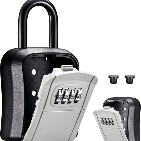 RNKR Key Lock Box, Portable Combination Lockbox Wall-Mounted Key Storage Box, Resettable Code Safe Security Lock Box for Home, Office, Apartment Spare Key Storage (1 Pack, Silver Black)
