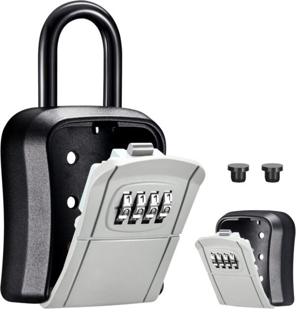 RNKR Key Lock Box, Portable Combination Lockbox Wall-Mounted Key Storage Box, Resettable Code Safe Security Lock Box for Home, Office, Apartment Spare Key Storage (1 Pack, Silver Black)