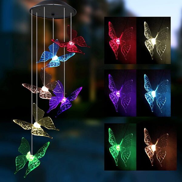 TiokMc Solar Butterfly Wind Chimes - Color Changing LED Outdoor Hanging Patio Light