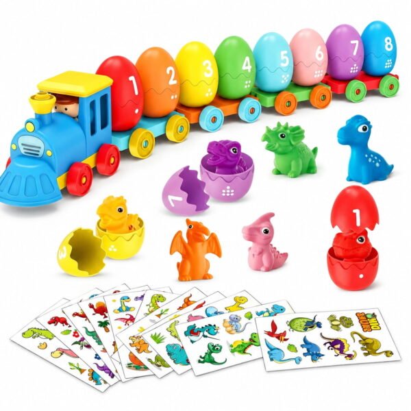 RNKR Montessori Dinosaur Train Toy, Number Matching Eggs, Counting Learning Game, Color Recognition & Fine Motor Skills Toy for Toddlers Ages 18 Months+