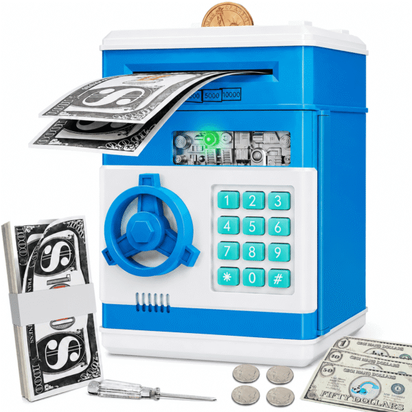RNKR Kids Electronic Piggy Bank, Password Protected ATM with Auto Cash Roll, Coin Slot, Sound Effects and Secure Safe Box Toy, Blue