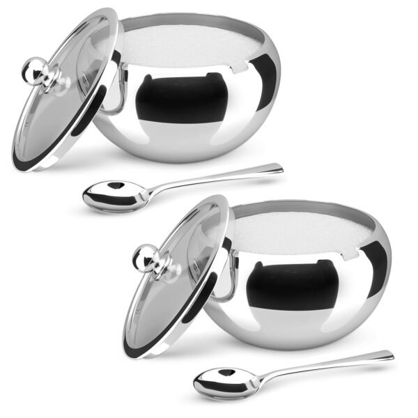 TiokMc 2-Pack Large Sugar Bowls with Glass Lids and Stainless Steel Spoons, 16.9oz / 0.5L Each, Durable Stainless Steel, Wide Mouth, Dishwasher Safe