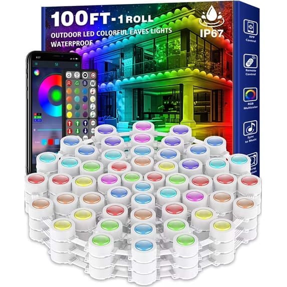 RNKR 100FT Outdoor RGB Lights, Smart LED Eaves Lighting with APP Control, Remote, Music Sync, Waterproof for Christmas and Holidays