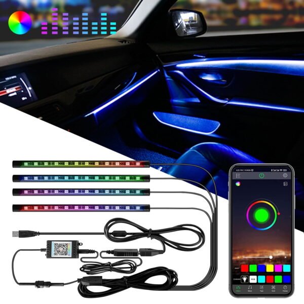TiokMc APP Control Car LED Lights, Smart RGB LED Strip Lights with Music & Mic Mode, 16 Million Colors, USB 5V Under Dash Lighting Kit for Cars, SUVs