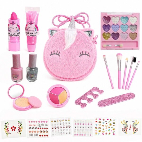 RNKR Unicorn Makeup Kit for Girls with Plush Unicorn Purse, Washable Pretend Cosmetics, Nail Polish, Lip Gloss, Brushes, Beauty Accessories for Ages 3-8