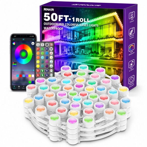 RNKR 50FT Outdoor RGB Lights, Smart LED Eaves Lighting with APP Control, Remote, Music Sync, Waterproof for Christmas and Holidays