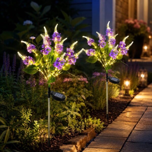 RNKR 2 Pack Solar Salvia Flower Lights, Purple Solar Garden Stake Lights,2 Lights Mode IP65 Waterproof Solar Lights, for Garden Yard Pathway Patio