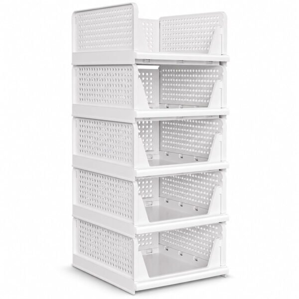 RNKR 5 Pack Stackable Closet Storage Basket - Multifunctional Foldable Closet Organizer Waterproof, for Bedroom, Laundry Room, White