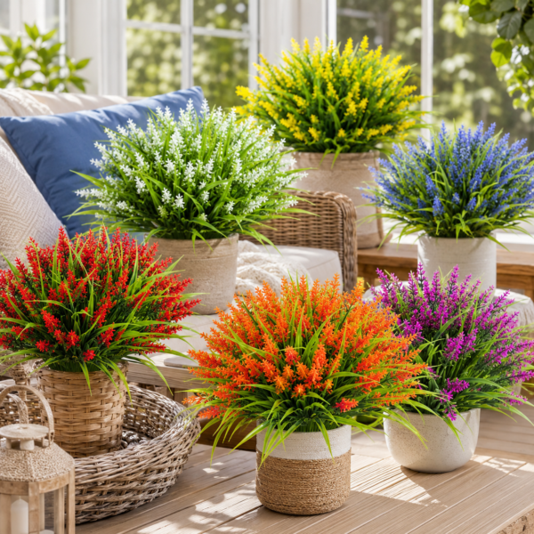 RNKR 24 Bundles 6 color Artificial Lavender Flowers, Mixed Color Faux Plastic Plants, UV Resistant for Porch, Window Box, Patio, Yard, Home Landscaping