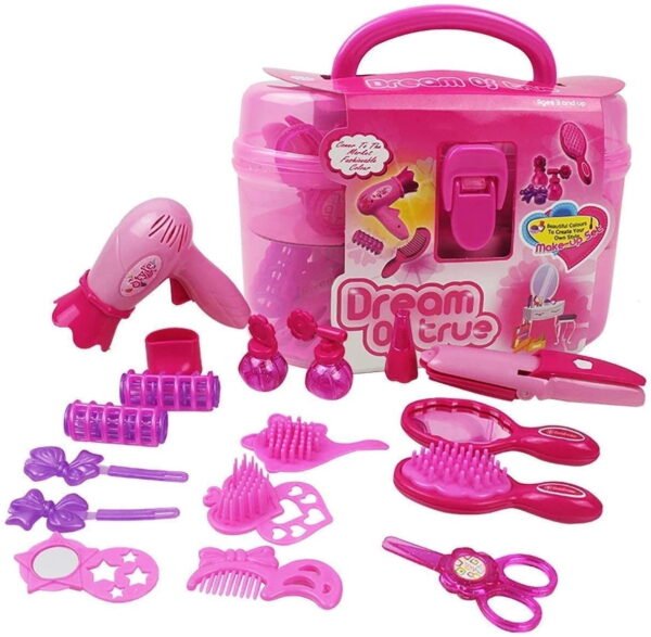 TiokMc Kids Beauty Salon Pretend Play Makeup Kit for Girls, 17pcs Hair Styling Set with Brush, Mirror, Hairdryer & Accessories for Ages 3-6