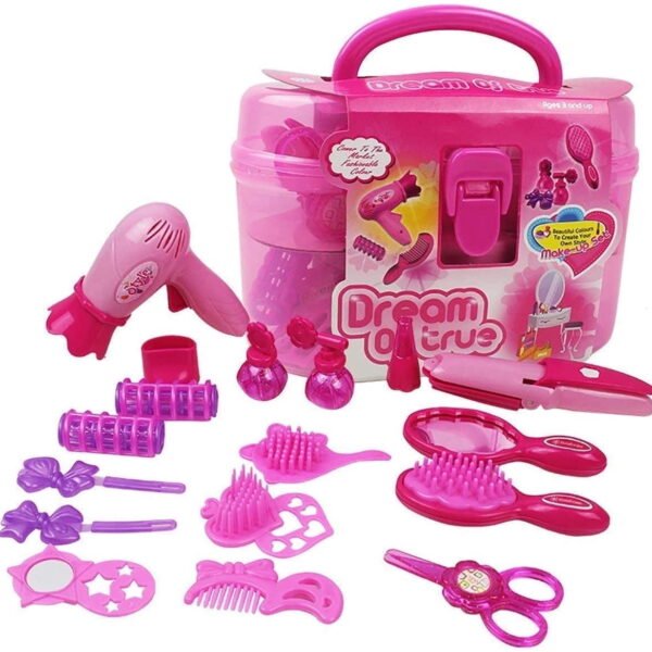 TiokMc Kids Beauty Salon Pretend Play Makeup Kit for Girls, 17pcs Hair Styling Set with Brush, Mirror, Hairdryer & Accessories for Ages 3-6
