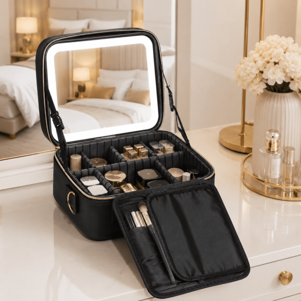 RNKR 10 Inch Makeup Case with LED Light Mirror, 1with Adjustable Dividers, Rechargeable, Large Capacity, Bright Lighting, Gift for Women Girls,Black