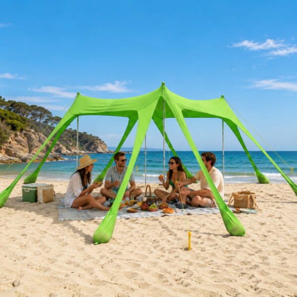 RNKR Beach Tent Sun Shelter, Sun Shade UPF50+ Protection with 8 Sandbags 4 Stability Poles, Outdoor Beach Shade Canopy for Beach, GREEN