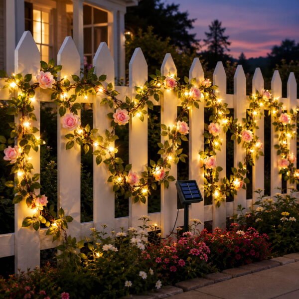 RNKR 16.4 ft Solar Rose Vine String Lights, 50 Warm White LEDs, IP44 Waterproof Solar Powered Lighting for Garden, Patio, Fence, Wedding Decor