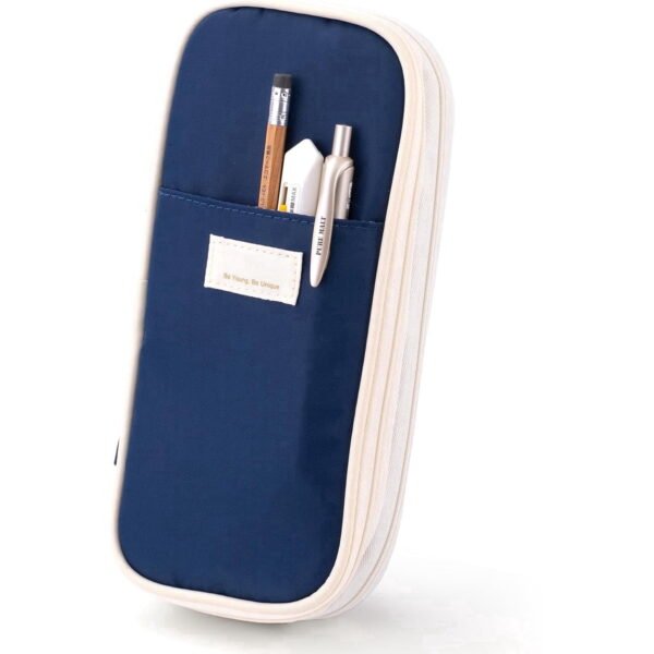 RNKR Large Capacity Pencil Case, 2 Compartment Pouch Pen Bag for Adults Teen College, Zipper Pouch Office Supplies Stationery, Navy Blue