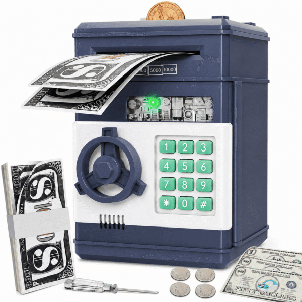 RNKR Kids Electronic Piggy Bank, Password Protected ATM with Auto Cash Roll, Coin Slot, Sound Effects and Secure Safe Box Toy, Navy