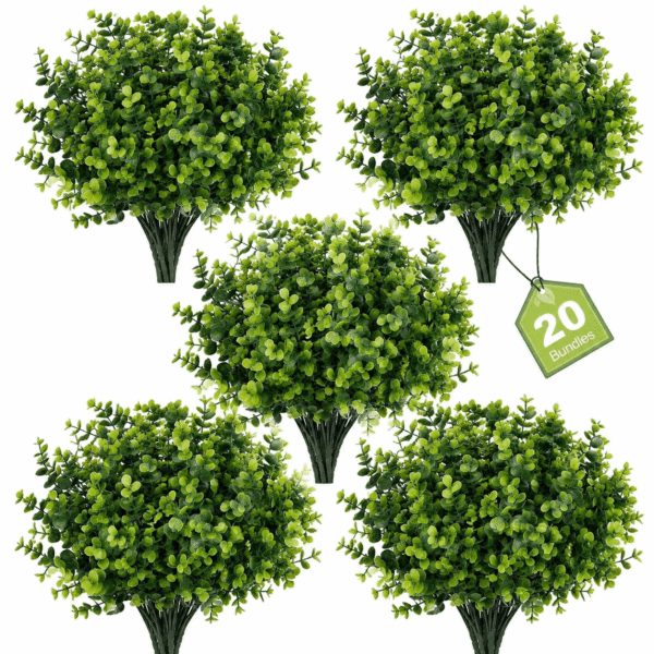 RNKR 20 Bundles Artificial Eucalyptus Plants, Greenery Faux Fake Plastic Plants for Outside Garden Porch Yard Home Decor