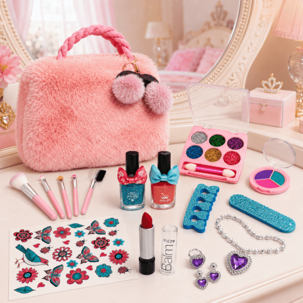 RNKR 18PCS Makeup Purse Toy Set for Girls, Makeup Brushes, Nail Polish, Lipstick, Jewelry Necklace, Eyeshadow Palette, Rings, for Girls Age 3-8 (Pink)