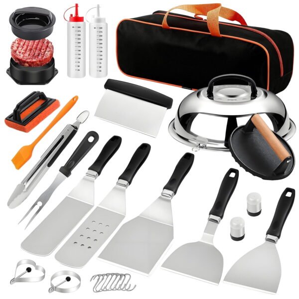 RNKR 28PCS Griddle Accessories Kit for Blackstone, Flat Top Grill Tools Set with Spatulas, Burger Press, Basting Cover, BBQ Cooking Utensils Set with Carry Bag
