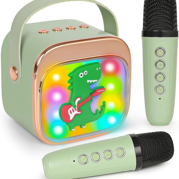 Dinosaur Karaoke Machine for Kids, Portable Mini Karaoke Machine with 2 Wireless Microphones, 4 5 6 7 8 9 10 Years Old Girl Boy Easter Christmas Birthday Gift Colorful Lighted Speaker Party Toys