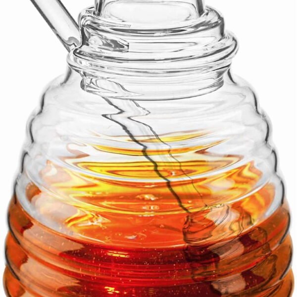 RNKR Glass Honey Jar with Dipper and Lid, Honey Bee Pot, 17oz Glass Beehive Honey Pot for Home Kitchen