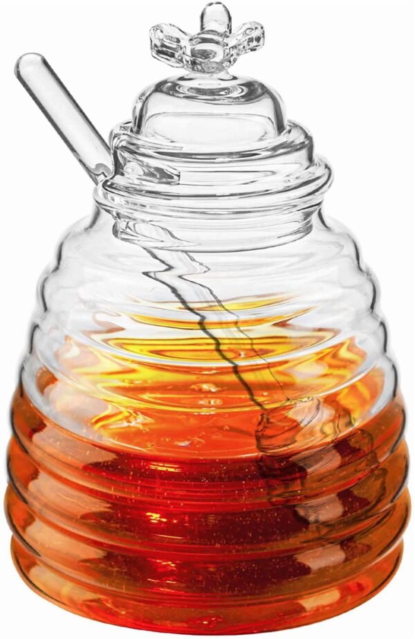RNKR Glass Honey Jar with Dipper and Lid, Honey Bee Pot, 17oz Glass Beehive Honey Pot for Home Kitchen