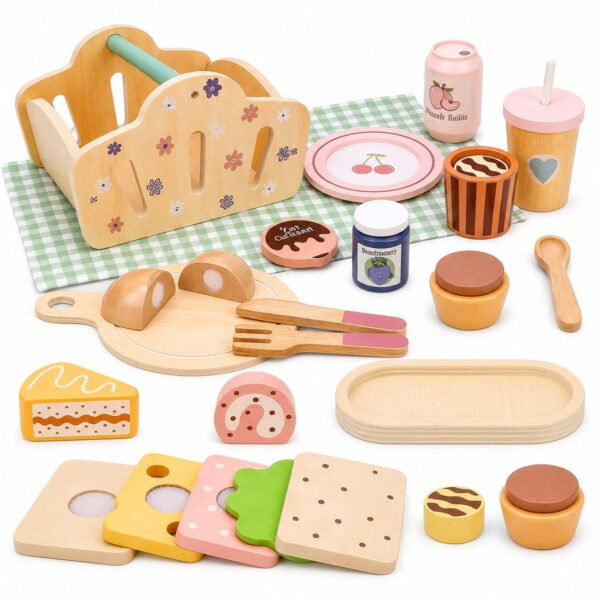RNKR Wooden Pretend Play Kitchen Toy Set for Toddlers, Montessori Food, Picnic Role Play Toy with Wooden Accessories