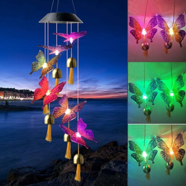 TiokMc Solar Butterfly Wind Chimes - Color Changing LED Outdoor Hanging Patio Light