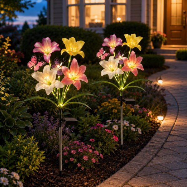 RNKR 2 Pack 8 Solar Lily Flower Lights With 4 Butterfly Decor, IP65 Waterproof Solar Landscape Lights for Yard, Lawn, Patio, Walkway, Garden Decor