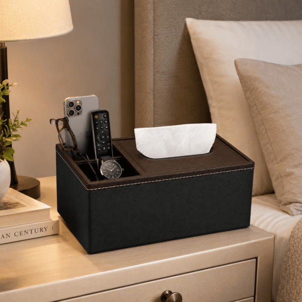 RNKR Tissue Box Cover with Organizer Compartments, Faux Leather Tissue Holder with Wood Grain Lid for Desk, Car, Office, Living Room, Black