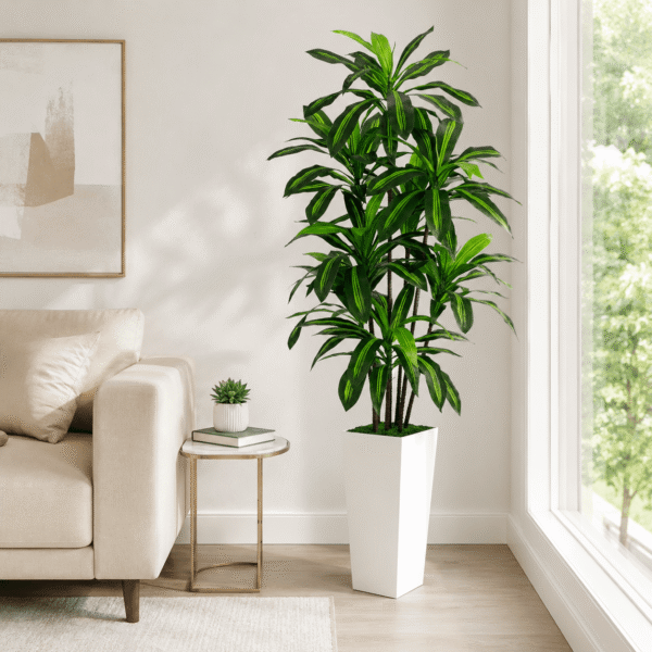 RNKR 6FT Artificial Dracaena Plant with White Tall Planter, Realistic Fake Yucca Plant in Pot, for Home, Office, Living Room, Bedroom, Indoor Decor