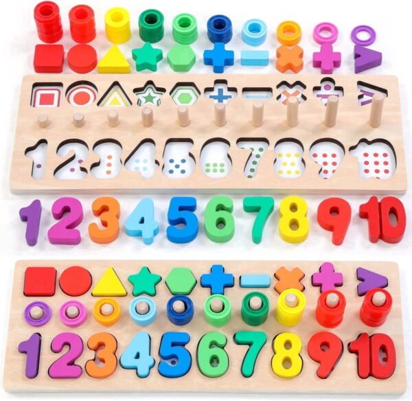 RNKR Wooden Montessori Toys for Kids Toddler Number Puzzles Sorter Counting Shape Stacker Stacking Game for Boy Girl Learning Education Math Blocks