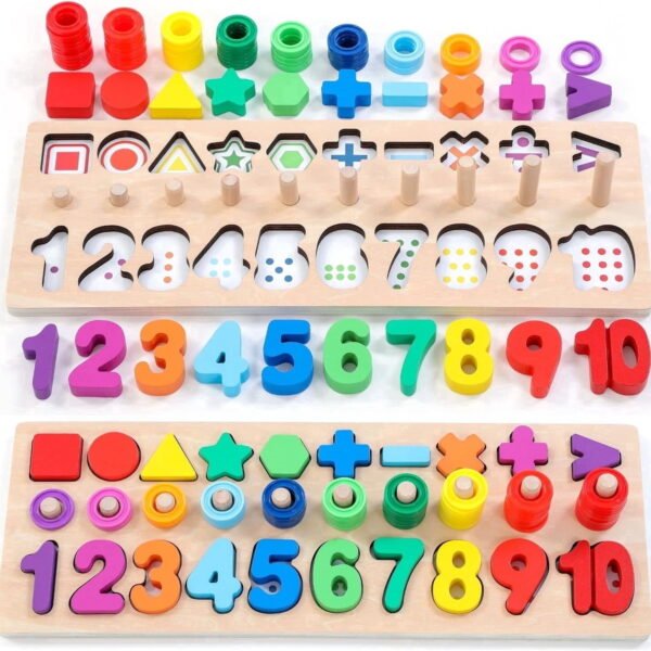 RNKR Wooden Montessori Toys for Kids Toddler Number Puzzles Sorter Counting Shape Stacker Stacking Game for Boy Girl Learning Education Math Blocks