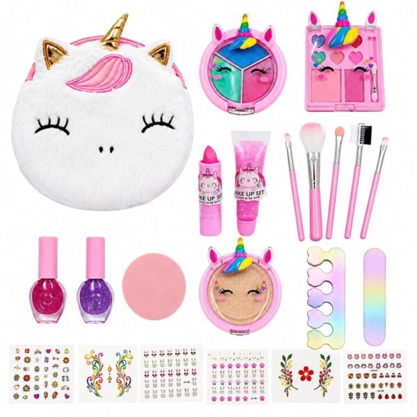 RNKR Unicorn Makeup Kit for Girls with Plush Unicorn Purse, Washable Pretend Cosmetics, Nail Polish, Lip Gloss, Brushes, Beauty Accessories for Ages 3-8
